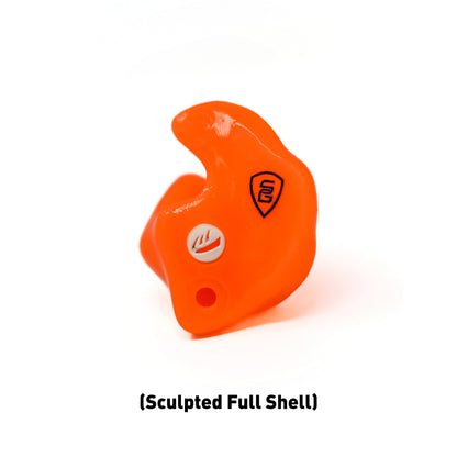 A sculpted full shell style Filtered Earplug shown in orange